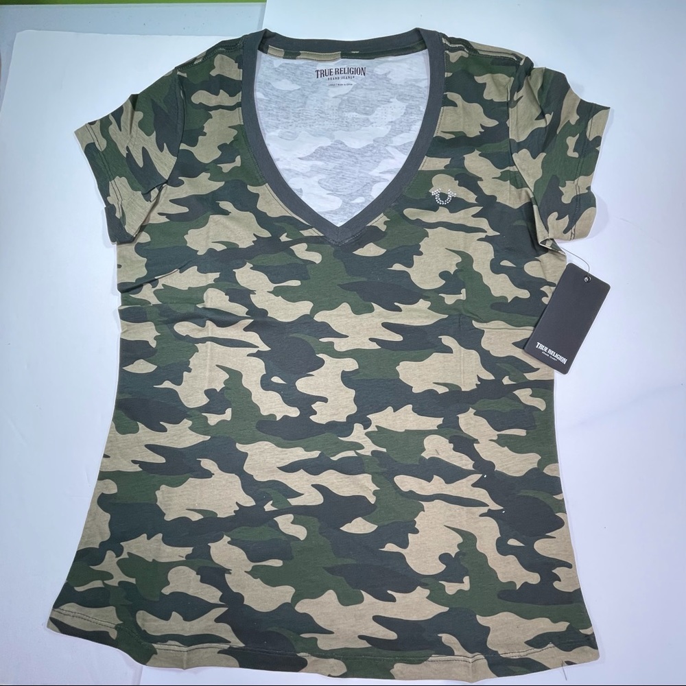 True Religion in Woodland Camo Crystal Logo 2 Sided Womens Large Size T-Shirt - Picture 4 of 11